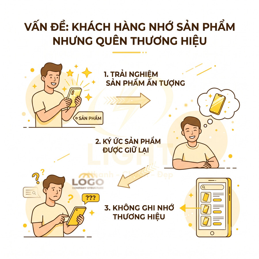 Minh họa hành trình khách hàng nhớ sản phẩm điện thoại nhưng quên thương hiệu trên giao diện mobile