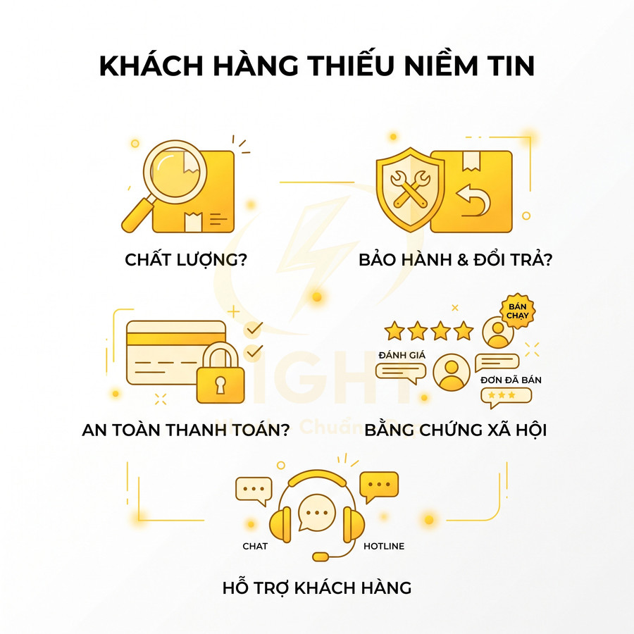 Minh họa các yếu tố tăng niềm tin khách hàng khi mua hàng online như chất lượng, bảo hành, thanh toán, đánh giá, hỗ trợ