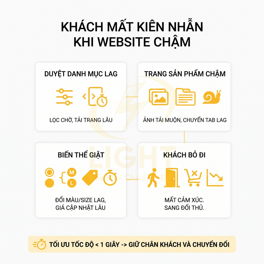 Infographic mô tả các vấn đề khi website tải chậm và khuyến nghị tối ưu tốc độ dưới 1 giây
