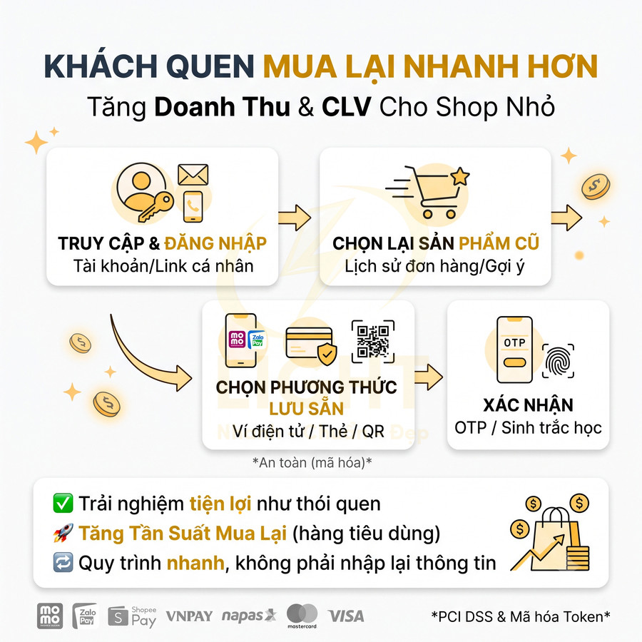 Quy trình thanh toán lưu sẵn giúp khách mua lại nhanh hơn cho shop nhỏ với ví điện tử thẻ và mã QR