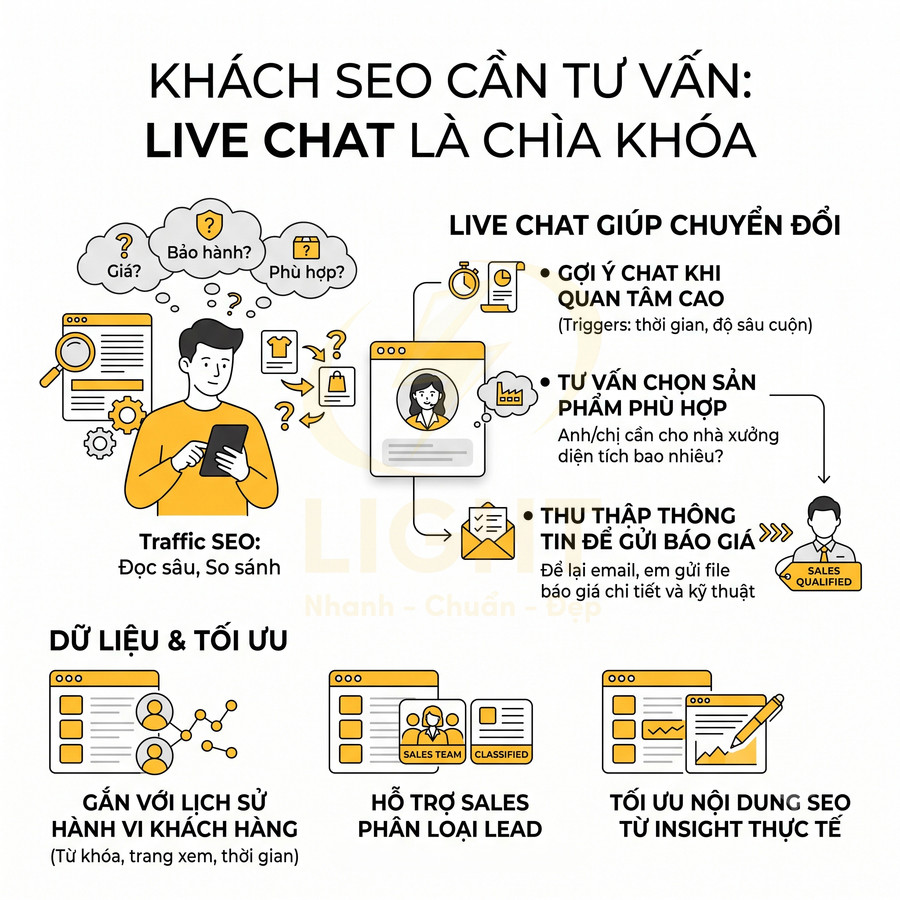 Infographic về lợi ích của live chat trong tư vấn khách SEO và tăng chuyển đổi, hỗ trợ sales và tối ưu nội dung SEO