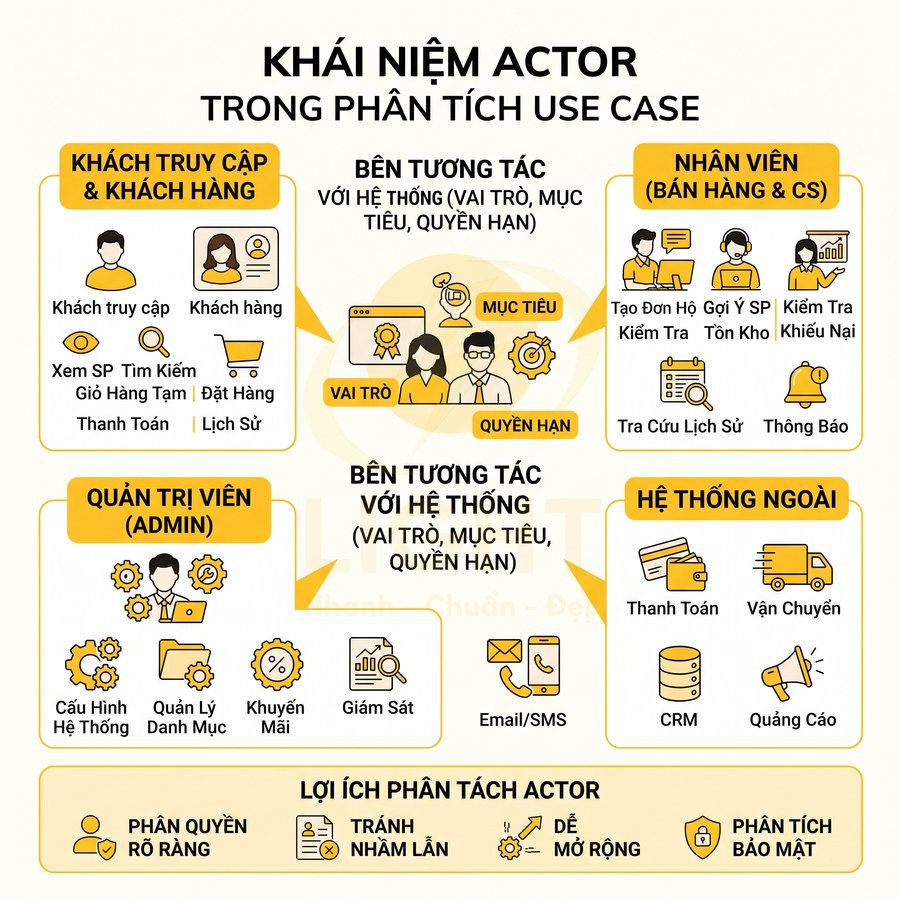 Sơ đồ khái niệm actor trong phân tích use case với khách hàng, admin, nhân viên và hệ thống ngoài
