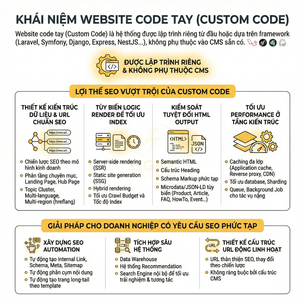 Infographic giới thiệu khái niệm website code tay custom code và các lợi thế SEO, giải pháp cho doanh nghiệp yêu cầu SEO phức tạp
