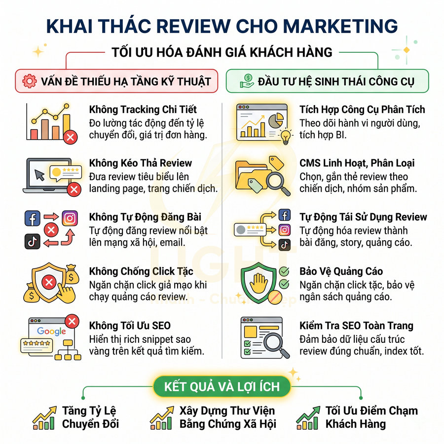 Infographic khai thác review cho marketing, so sánh vấn đề kỹ thuật và giải pháp công cụ để tối ưu đánh giá khách hàng