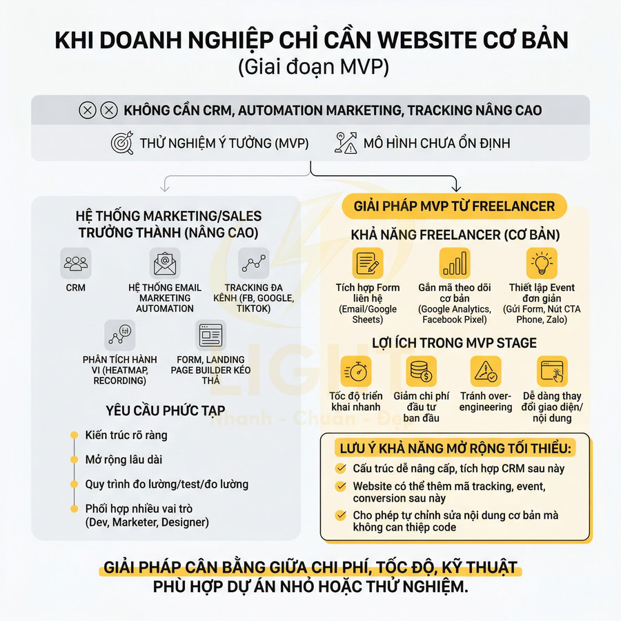 Infographic giải pháp website cơ bản giai đoạn MVP cho doanh nghiệp, so sánh hệ thống marketing nâng cao và freelancer