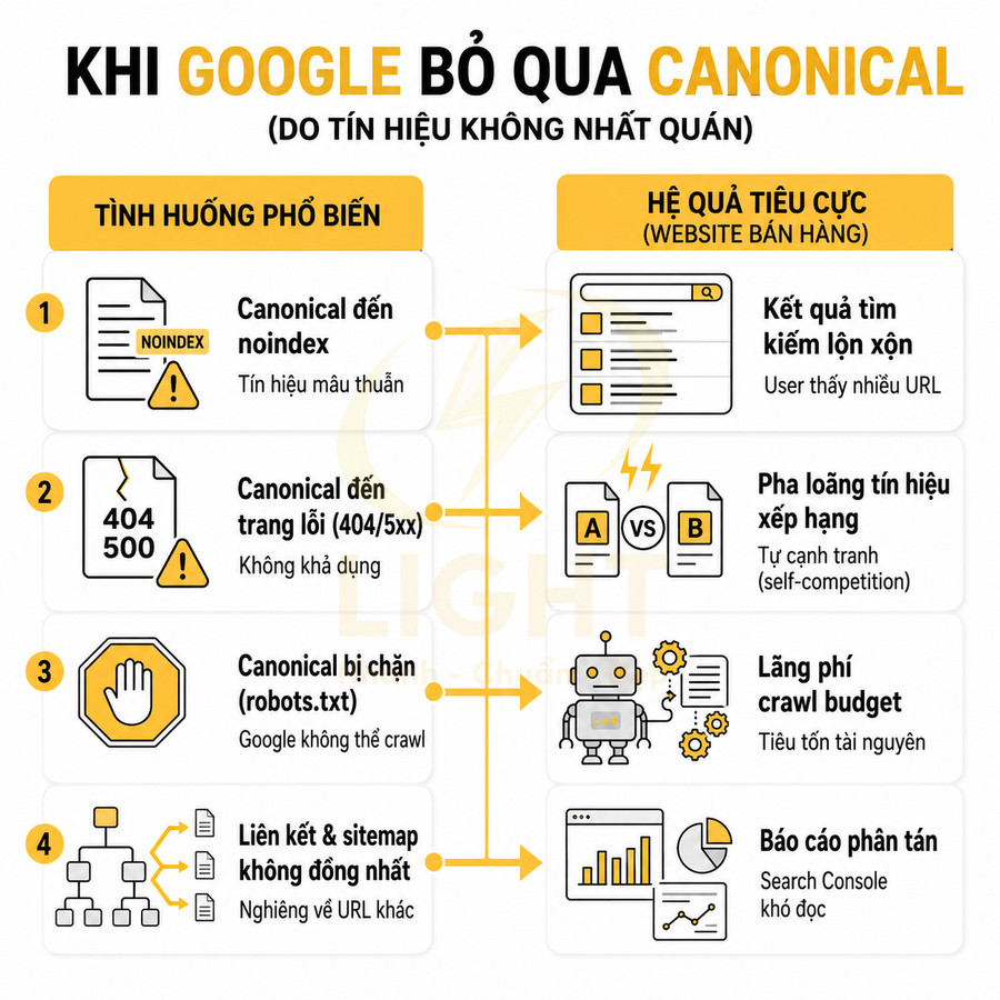 Infographic giải thích các tình huống Google bỏ qua thẻ canonical và hậu quả tiêu cực cho website bán hàng