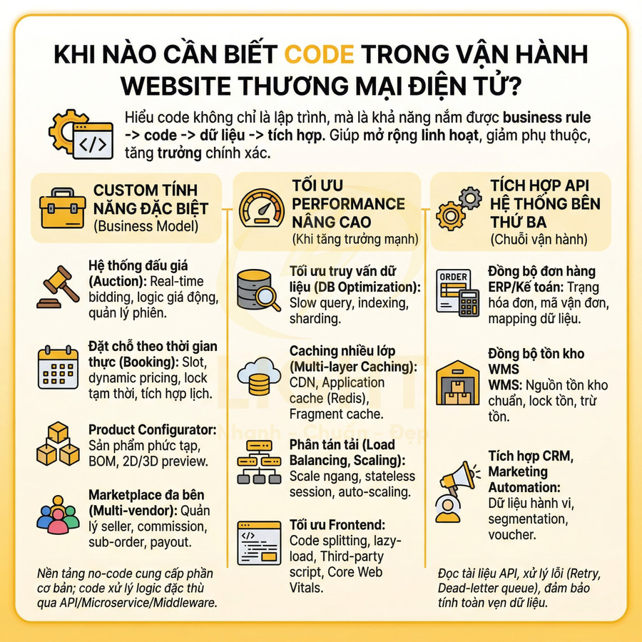 Infographic giải thích khi nào cần biết code để vận hành website thương mại điện tử và các tính năng, hệ thống liên quan
