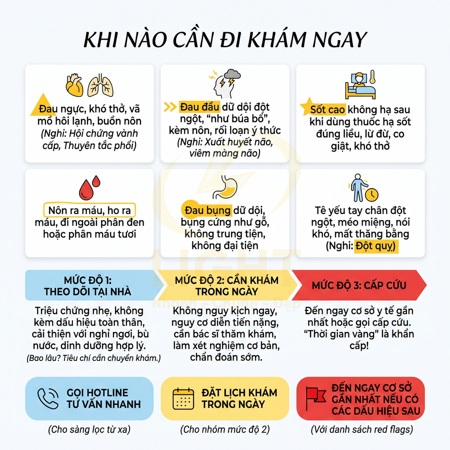 Infographic hướng dẫn khi nào cần đi khám ngay với các triệu chứng nguy hiểm và mức độ cấp cứu
