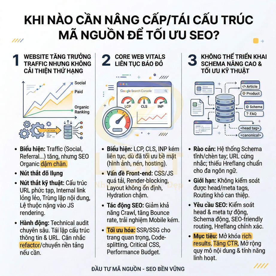 Infographic hướng dẫn khi nào cần nâng cấp tái cấu trúc mã nguồn website để tối ưu SEO và cải thiện Core Web Vitals