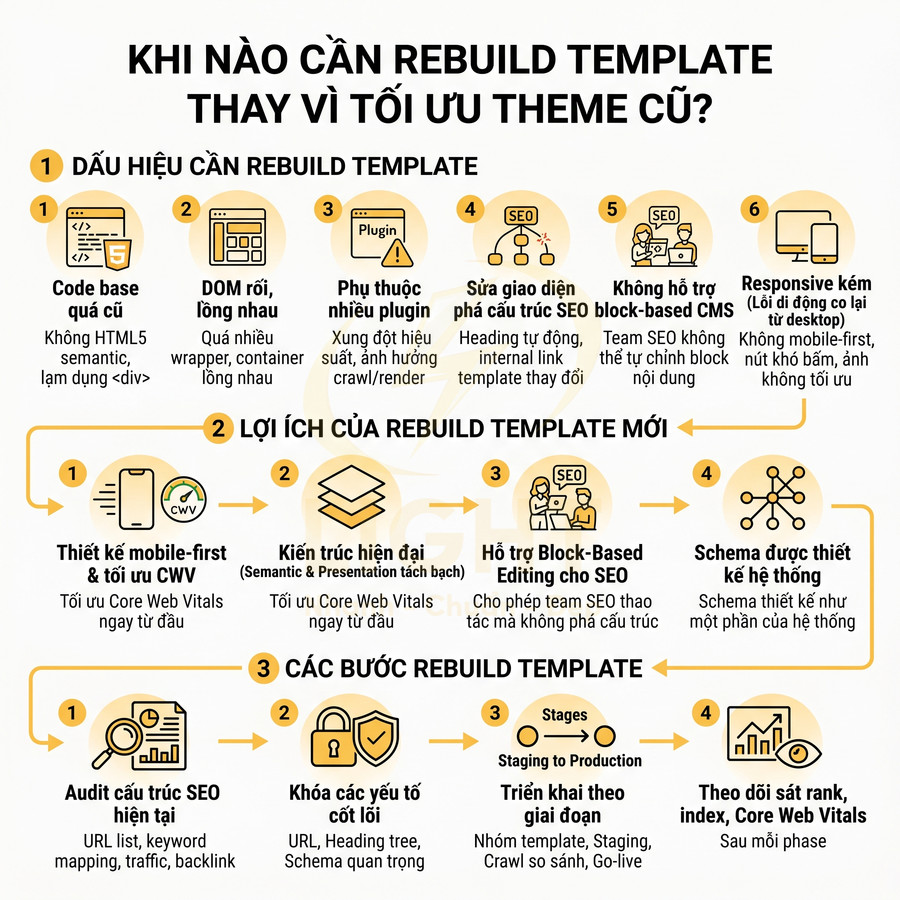 Infographic hướng dẫn khi nào cần rebuild template website thay vì tối ưu theme cũ để cải thiện SEO và Core Web Vitals