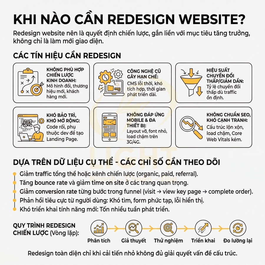 Infographic tiếng Việt giải thích khi nào cần redesign website, các tín hiệu cảnh báo và quy trình redesign chiến lược