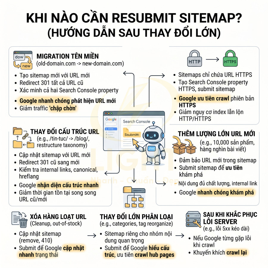 Infographic hướng dẫn khi nào cần resubmit sitemap sau thay đổi lớn trong SEO và cấu trúc website