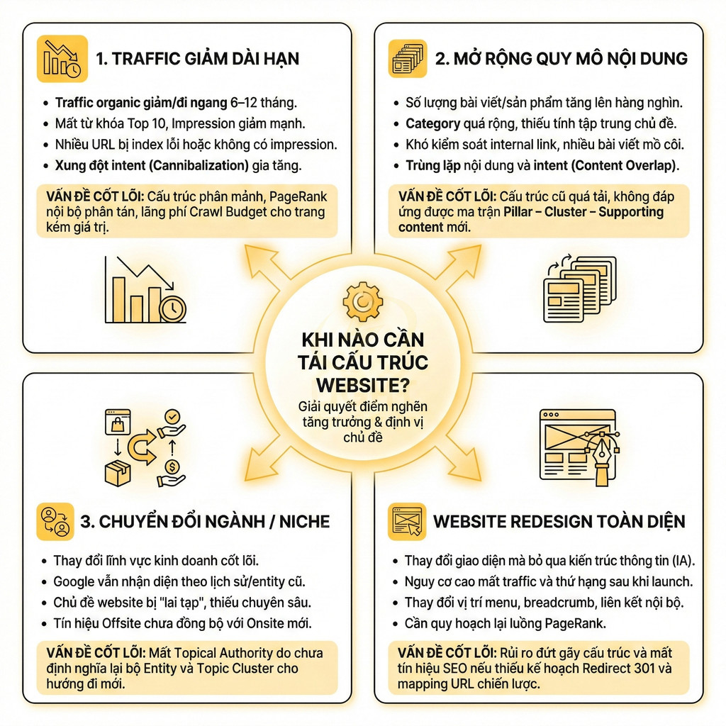 Infographic các trường hợp nên tái cấu trúc website để cải thiện traffic, nội dung và chuyển đổi SEO