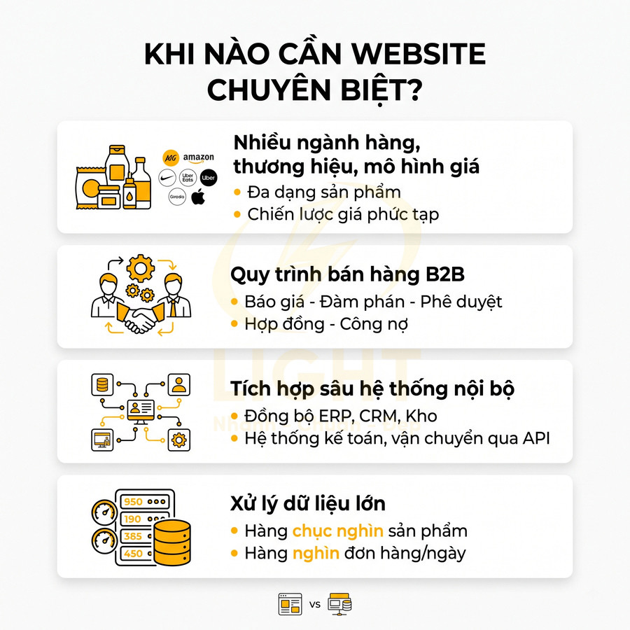 Infographic khi nào cần website chuyên biệt cho bán hàng B2B, tích hợp hệ thống nội bộ và xử lý dữ liệu lớn