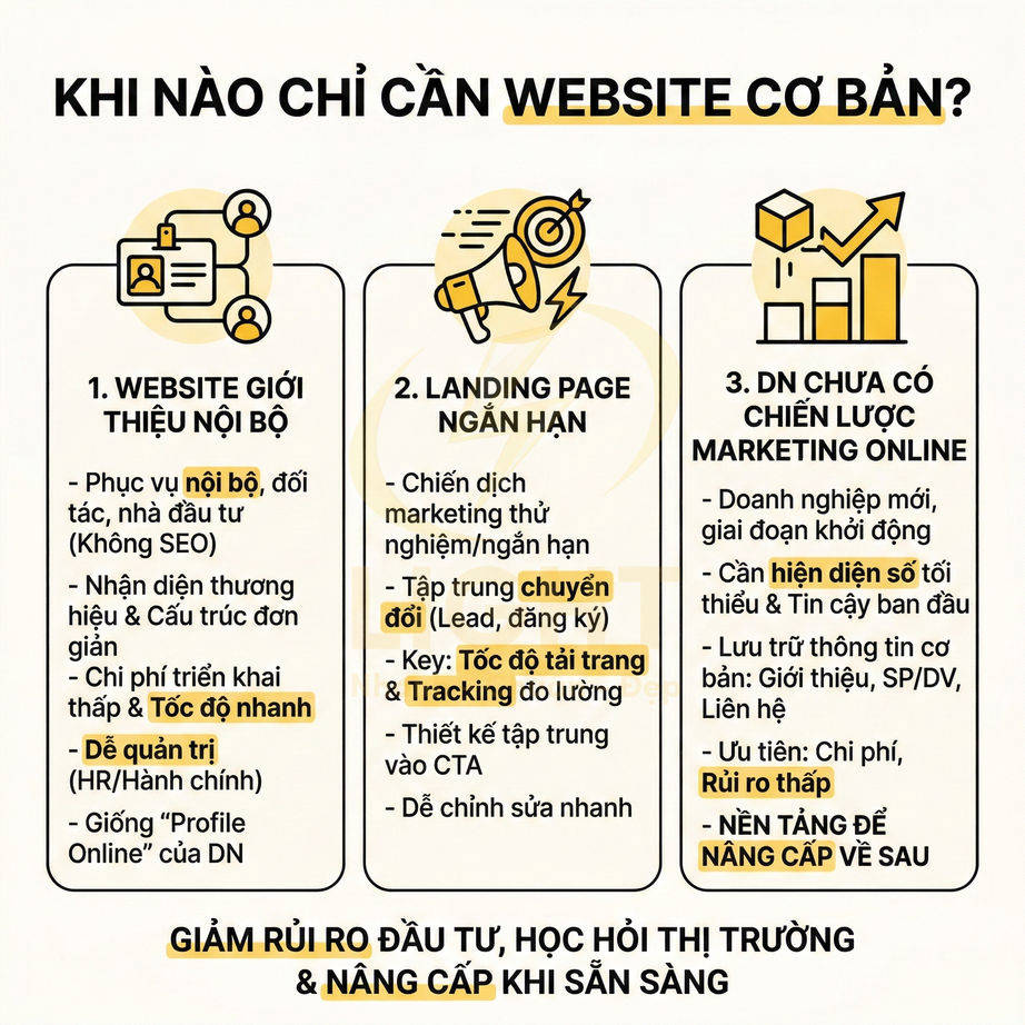 Infographic khi nào chỉ cần website cơ bản với 3 trường hợp: website nội bộ, landing page ngắn hạn, DN chưa có marketing online