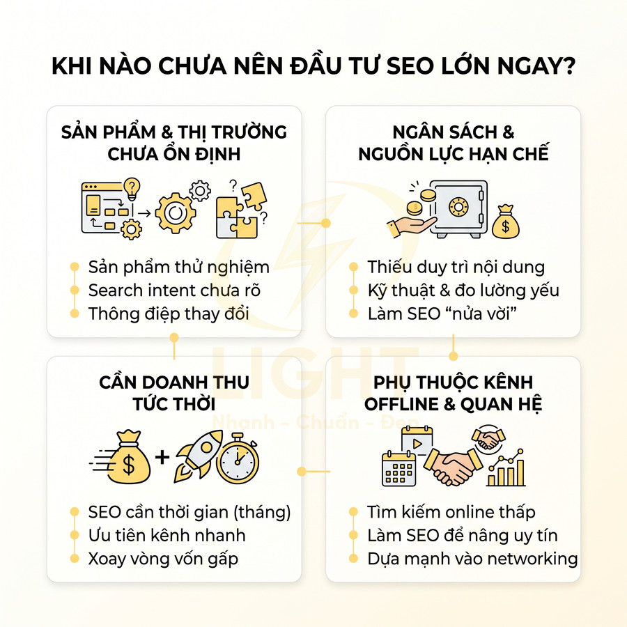 Infographic các trường hợp không nên đầu tư SEO lớn: sản phẩm chưa ổn định, ngân sách hạn chế, cần doanh thu gấp, phụ thuộc offline