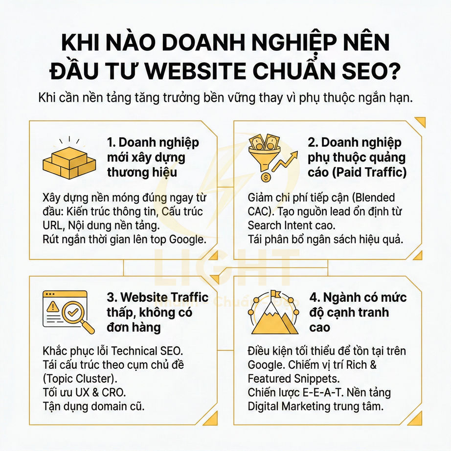Infographic khi nào doanh nghiệp nên đầu tư website chuẩn SEO với 4 trường hợp và lợi ích chính