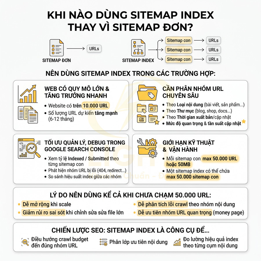 Hướng dẫn khi nào nên dùng sitemap index thay vì sitemap đơn để tối ưu SEO và quản lý URL website