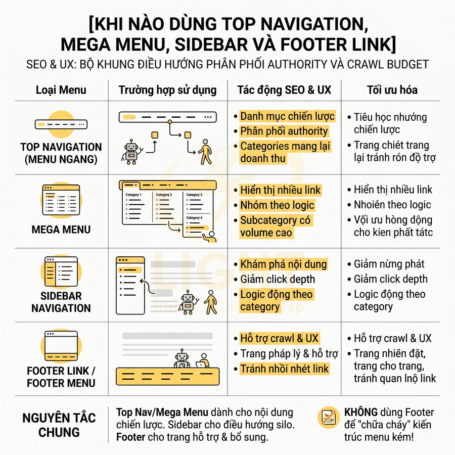 Hướng dẫn chọn top navigation, mega menu, sidebar và footer link tối ưu SEO và UX cho cấu trúc website