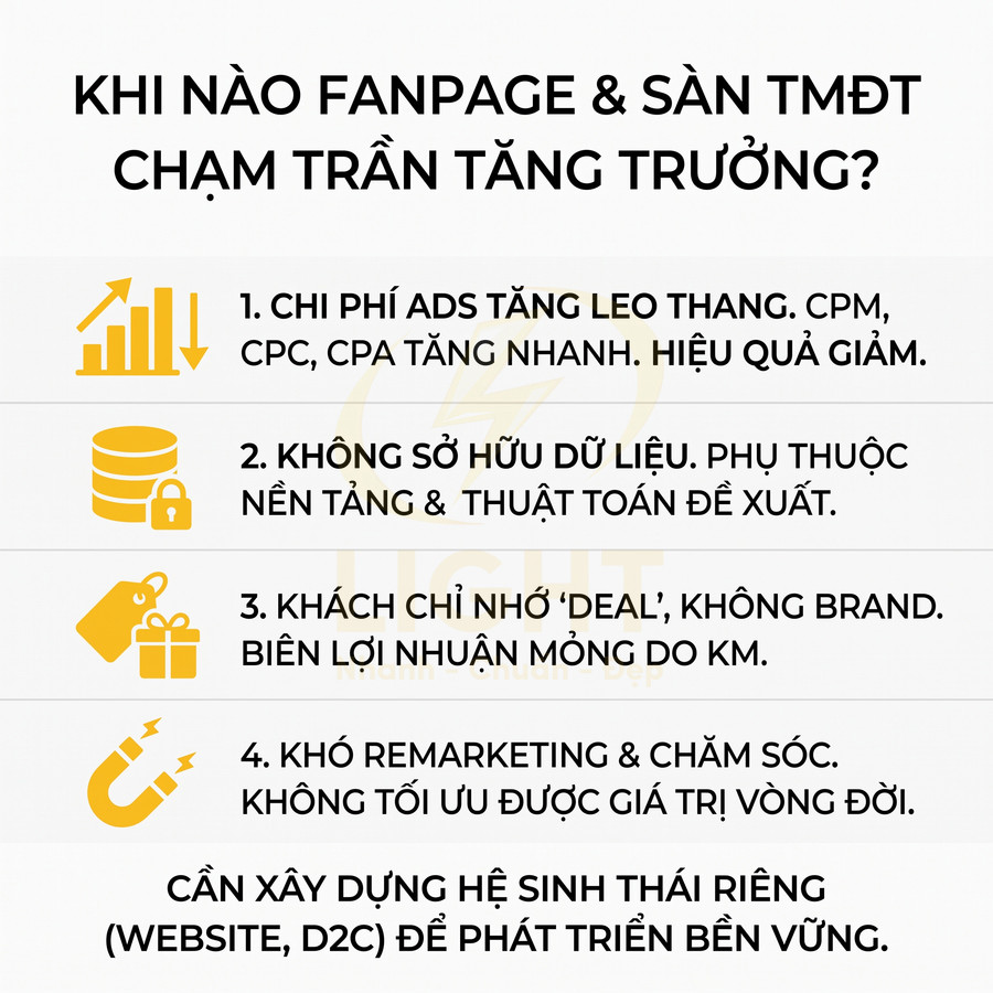 Infographic liệt kê 4 lý do fanpage và sàn thương mại điện tử chạm trần tăng trưởng và khuyến nghị xây website riêng