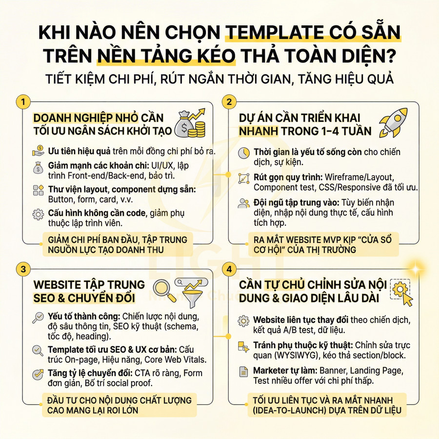 Infographic lý do nên chọn template có sẵn trên nền tảng kéo thả để tiết kiệm chi phí và triển khai website nhanh