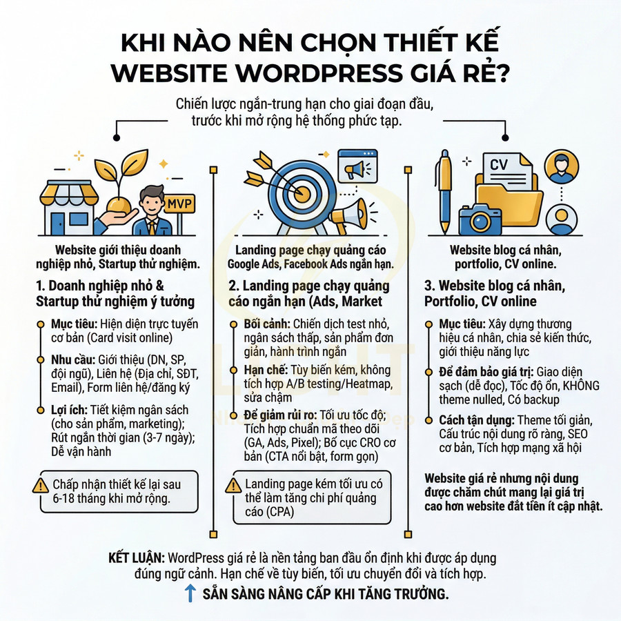 Infographic khi nào nên chọn thiết kế website WordPress giá rẻ cho doanh nghiệp nhỏ, landing page và blog cá nhân