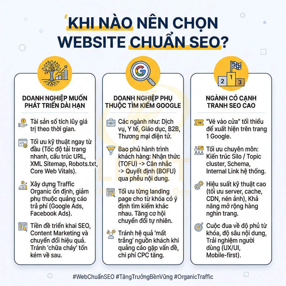 Infographic khi nào nên chọn website chuẩn SEO cho doanh nghiệp, nêu lợi ích và chiến lược tối ưu tìm kiếm Google