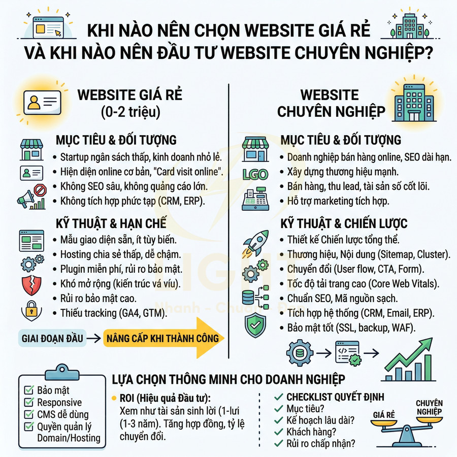 So sánh website giá rẻ và website chuyên nghiệp, phân tích mục tiêu, kỹ thuật và lựa chọn phù hợp cho doanh nghiệp