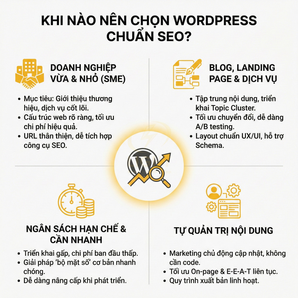 Infographic lý do nên chọn website WordPress chuẩn SEO cho doanh nghiệp nhỏ, blog, ngân sách thấp và tự quản trị nội dung