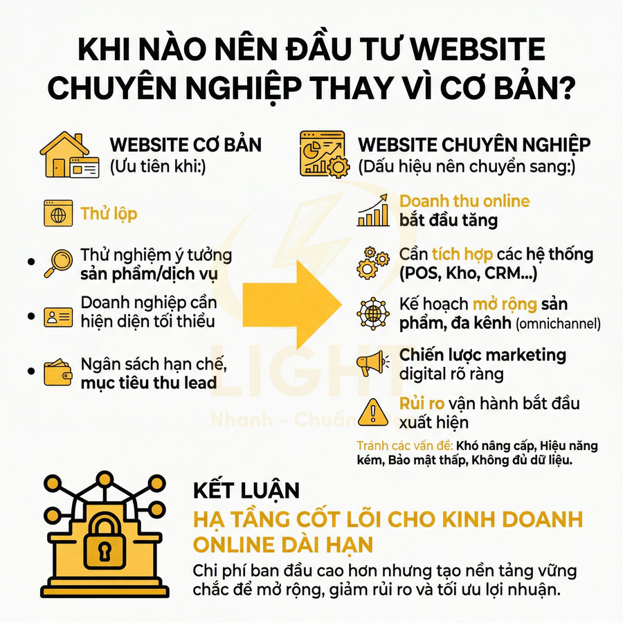 Infographic so sánh website cơ bản và website chuyên nghiệp, nêu thời điểm nên nâng cấp để phát triển kinh doanh online