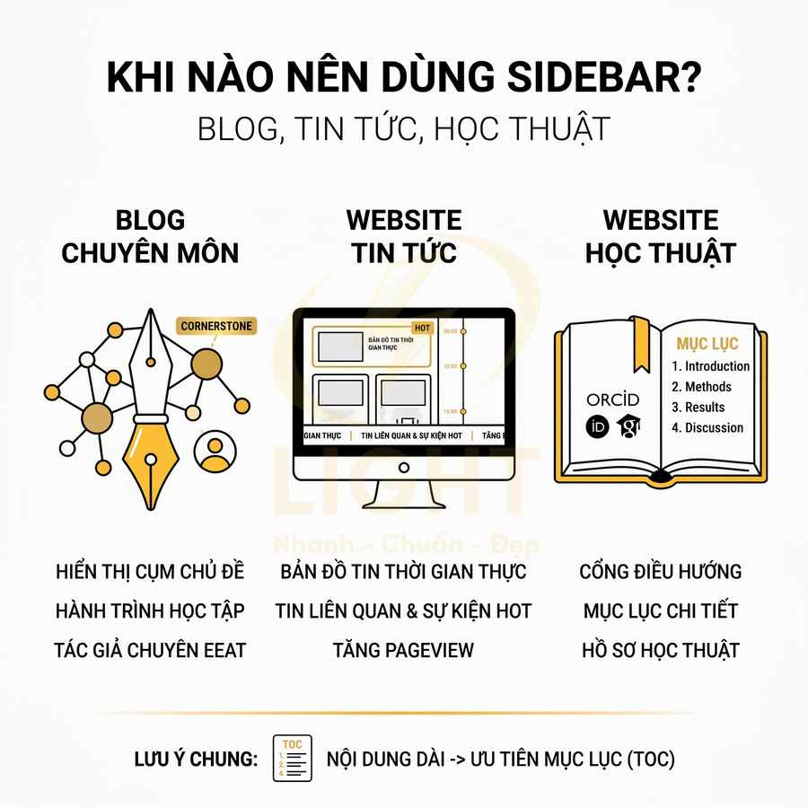 Infographic hướng dẫn khi nào nên dùng sidebar cho blog chuyên môn, website tin tức và website học thuật