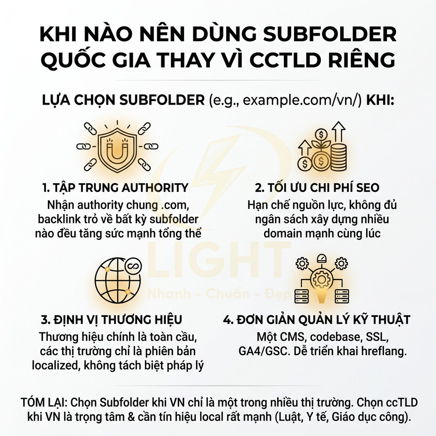 Infographic hướng dẫn khi nào nên dùng subfolder quốc gia thay vì tên miền quốc gia riêng cho chiến lược SEO
