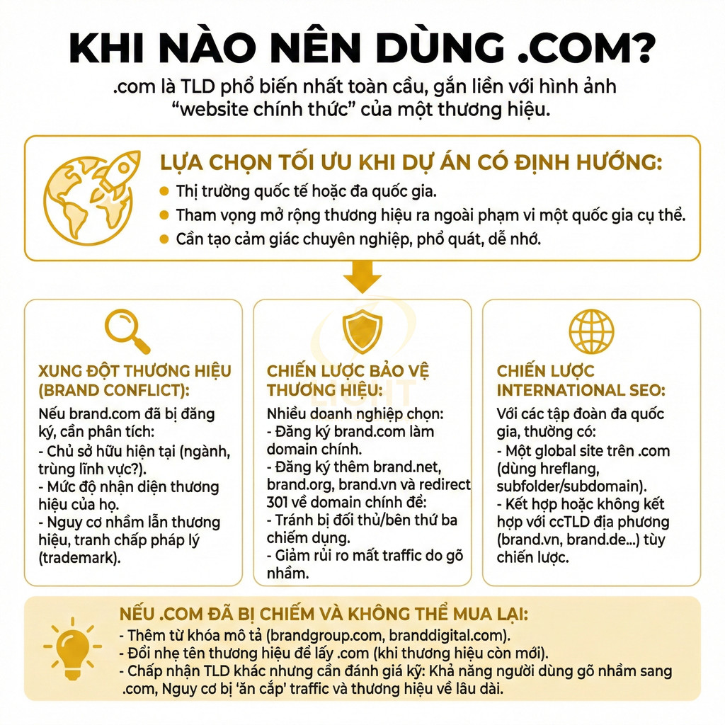 Infographic hướng dẫn khi nào nên dùng tên miền .com cho doanh nghiệp và chiến lược bảo vệ thương hiệu