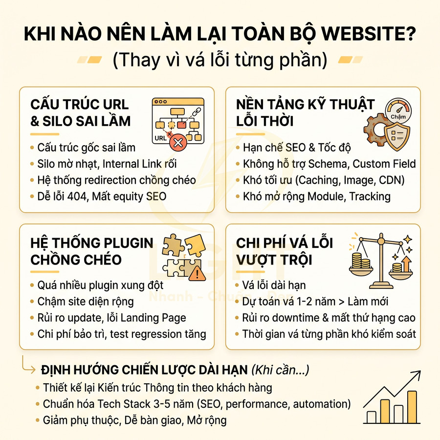 Infographic lý do nên làm lại toàn bộ website với các vấn đề về cấu trúc URL, nền tảng kỹ thuật, plugin và chi phí sửa lỗi