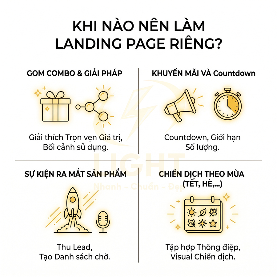 Infographic hướng dẫn khi nào nên làm landing page riêng cho combo giải pháp, khuyến mãi, ra mắt sản phẩm, chiến dịch theo mùa