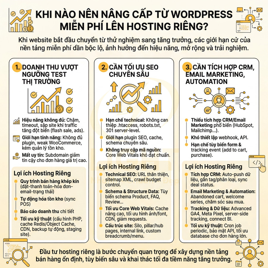 Infographic hướng dẫn khi nào nên nâng cấp từ WordPress miễn phí lên hosting riêng và các lợi ích về SEO, CRM, email marketing