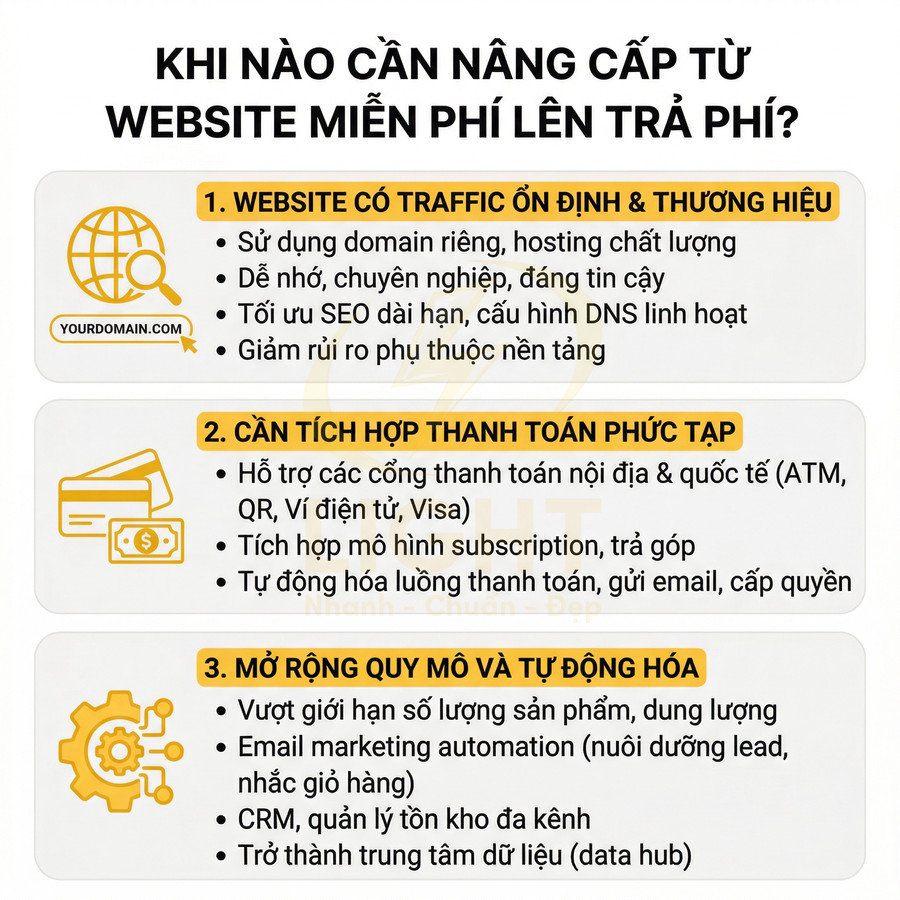 Khi nào nên nâng cấp từ website miễn phí lên trả phí với traffic ổn định, thanh toán phức tạp và mở rộng quy mô