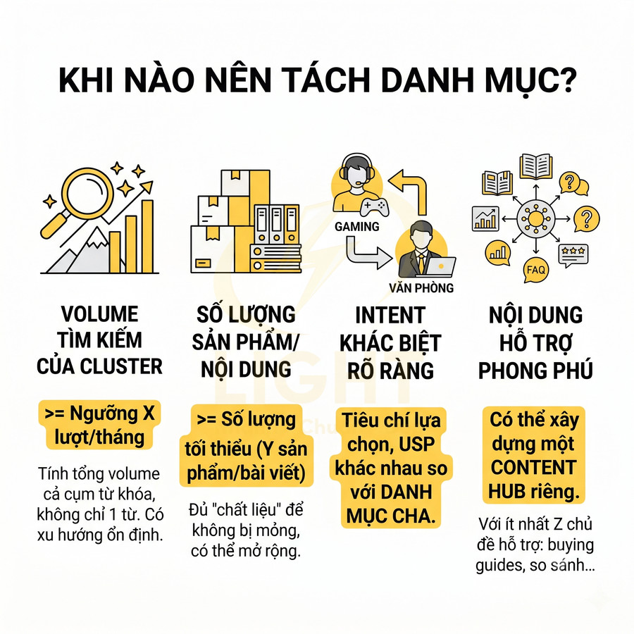 Infographic tiêu chí quyết định khi nào nên tách danh mục SEO: volume tìm kiếm, số lượng sản phẩm, intent và nội dung hỗ trợ
