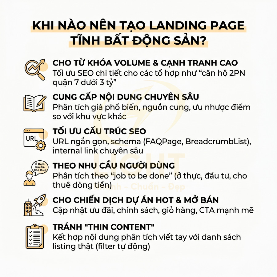 Infographic hướng dẫn khi nào nên tạo landing page cho dự án bất động sản và các tiêu chí tối ưu SEO