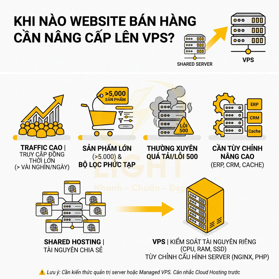 Infographic lý do website bán hàng nên nâng cấp từ shared hosting lên VPS để xử lý traffic cao và nhiều sản phẩm