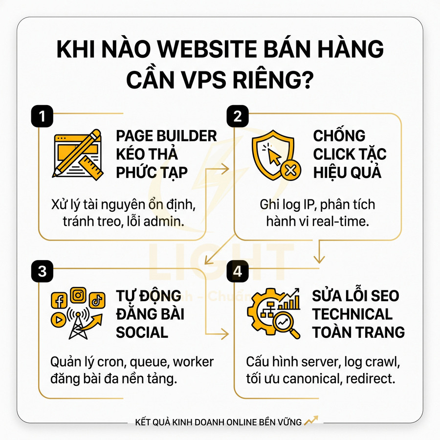 Infographic lý do website bán hàng cần VPS riêng với các lợi ích về page builder, chống click tặc, đăng bài social, sửa lỗi SEO