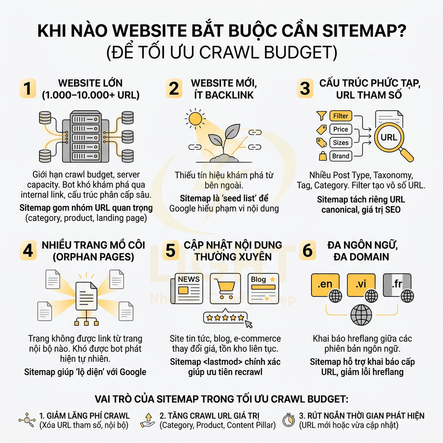 Infographic giải thích khi nào website cần sitemap để tối ưu crawl budget và vai trò của sitemap trong SEO