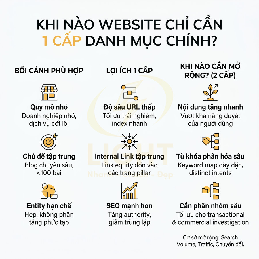 Infographic hướng dẫn khi nào website chỉ cần 1 cấp danh mục chính và khi nào nên mở rộng lên 2 cấp để tối ưu SEO