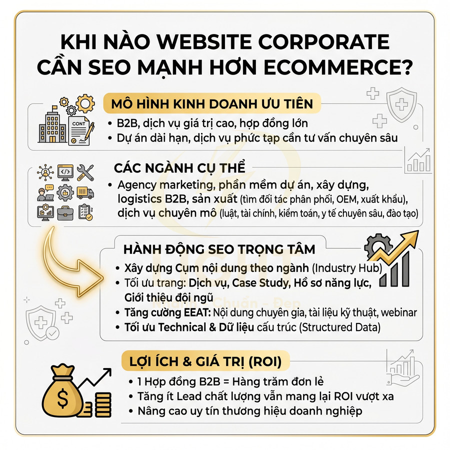 Infographic hướng dẫn khi nào website corporate cần đầu tư SEO mạnh hơn ecommerce và các lợi ích ROI cho doanh nghiệp