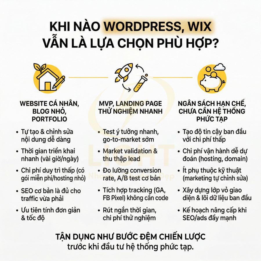 Infographic so sánh khi nên dùng WordPress, Wix cho website cá nhân, landing page MVP và dự án ngân sách thấp