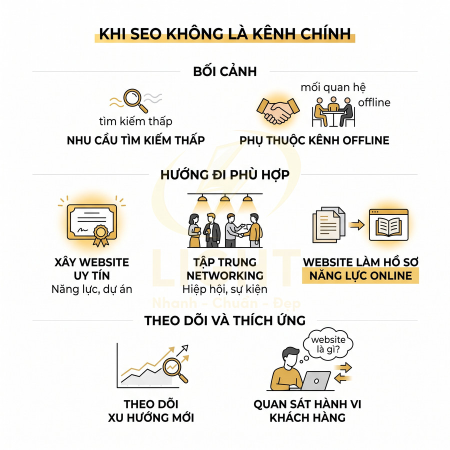 Infographic hướng dẫn chiến lược marketing khi SEO không là kênh chính và cách xây dựng website uy tín, networking, theo dõi xu hướng