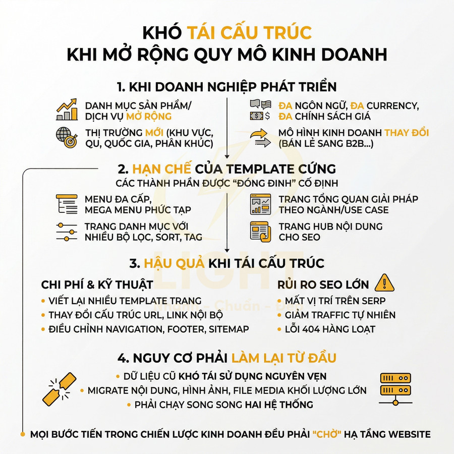 Infographic khó tái cấu trúc website khi mở rộng quy mô kinh doanh và các rủi ro về SEO, chi phí, dữ liệu
