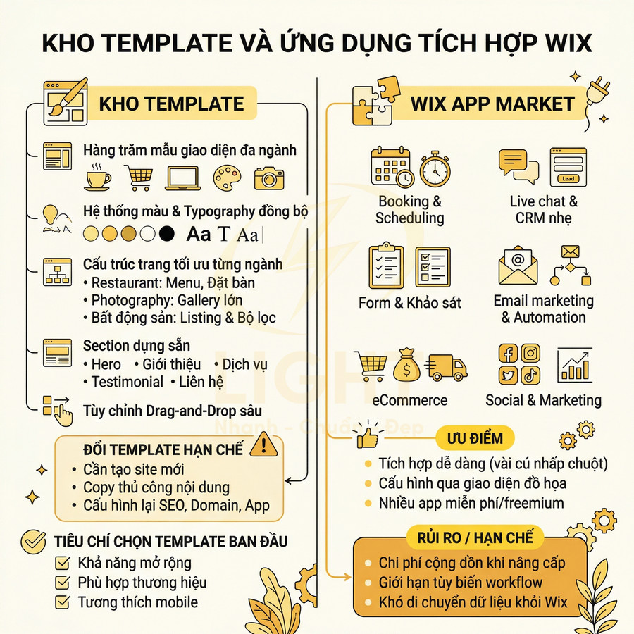 Kho template và ứng dụng tích hợp Wix với tính năng thiết kế website, eCommerce, marketing và CRM