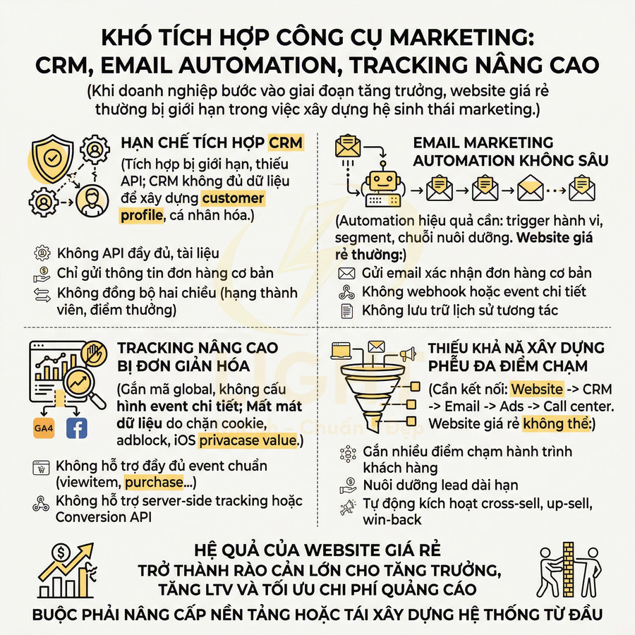Infographic khó tích hợp CRM, email marketing automation, tracking nâng cao và hạn chế của website giá rẻ