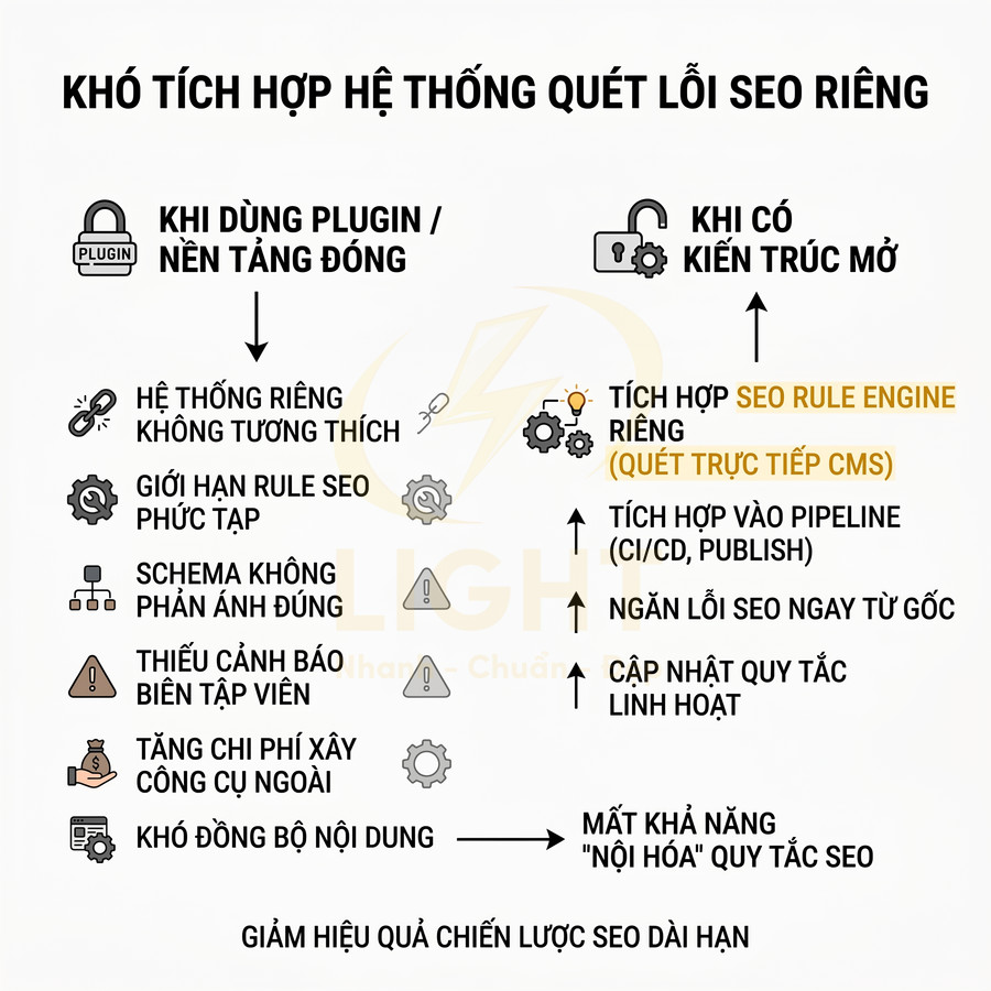 So sánh khó khăn khi dùng plugin SEO với kiến trúc mở tích hợp SEO rule engine quét lỗi trực tiếp trên CMS